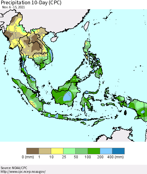 South East Asia Precipitation 10-Day (CPC) Thematic Map For 11/6/2021 - 11/15/2021