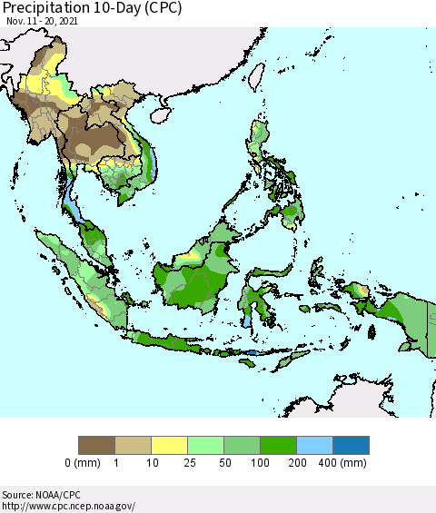 South East Asia Precipitation 10-Day (CPC) Thematic Map For 11/11/2021 - 11/20/2021