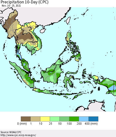 South East Asia Precipitation 10-Day (CPC) Thematic Map For 11/16/2021 - 11/25/2021
