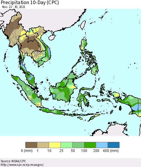 South East Asia Precipitation 10-Day (CPC) Thematic Map For 11/21/2021 - 11/30/2021