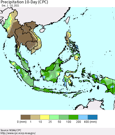 South East Asia Precipitation 10-Day (CPC) Thematic Map For 12/1/2021 - 12/10/2021