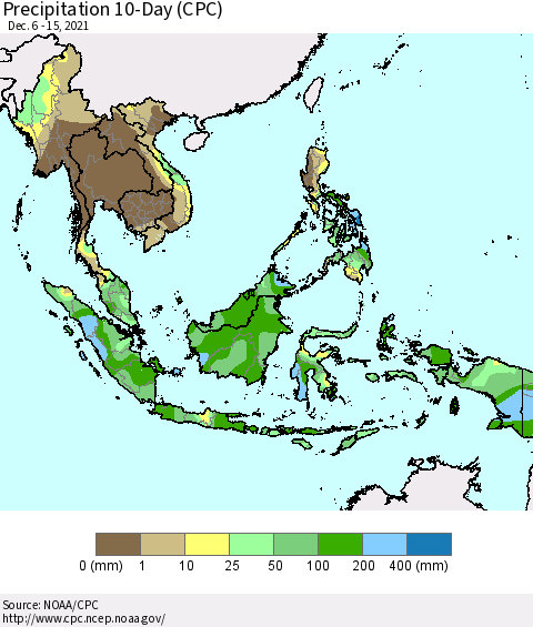 South East Asia Precipitation 10-Day (CPC) Thematic Map For 12/6/2021 - 12/15/2021