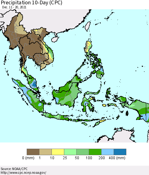 South East Asia Precipitation 10-Day (CPC) Thematic Map For 12/11/2021 - 12/20/2021