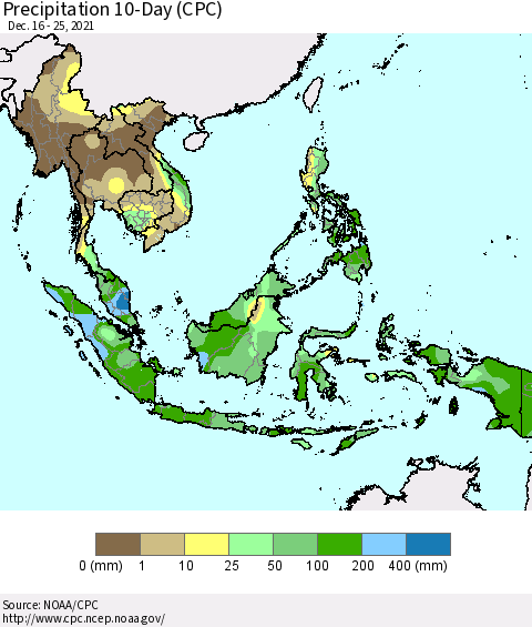 South East Asia Precipitation 10-Day (CPC) Thematic Map For 12/16/2021 - 12/25/2021