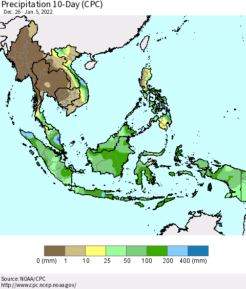 South East Asia Precipitation 10-Day (CPC) Thematic Map For 12/26/2021 - 1/5/2022