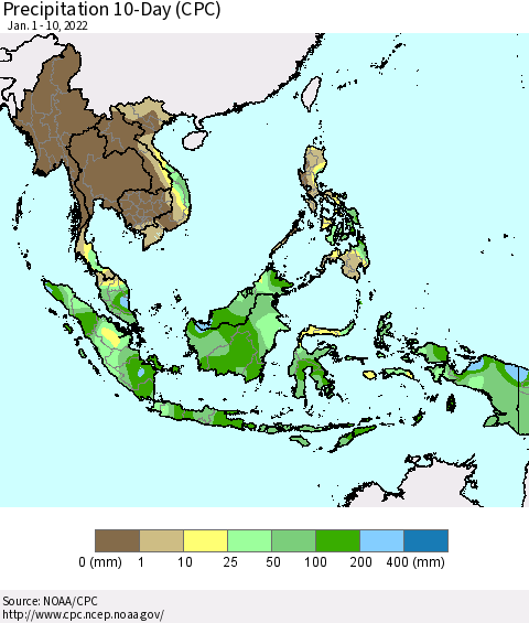 South East Asia Precipitation 10-Day (CPC) Thematic Map For 1/1/2022 - 1/10/2022