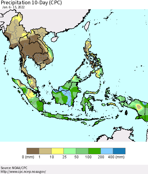 South East Asia Precipitation 10-Day (CPC) Thematic Map For 1/6/2022 - 1/15/2022