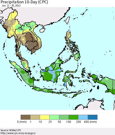 South East Asia Precipitation 10-Day (CPC) Thematic Map For 1/11/2022 - 1/20/2022
