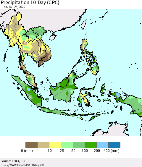 South East Asia Precipitation 10-Day (CPC) Thematic Map For 1/16/2022 - 1/25/2022