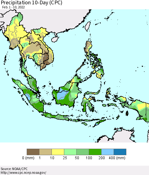 South East Asia Precipitation 10-Day (CPC) Thematic Map For 2/1/2022 - 2/10/2022