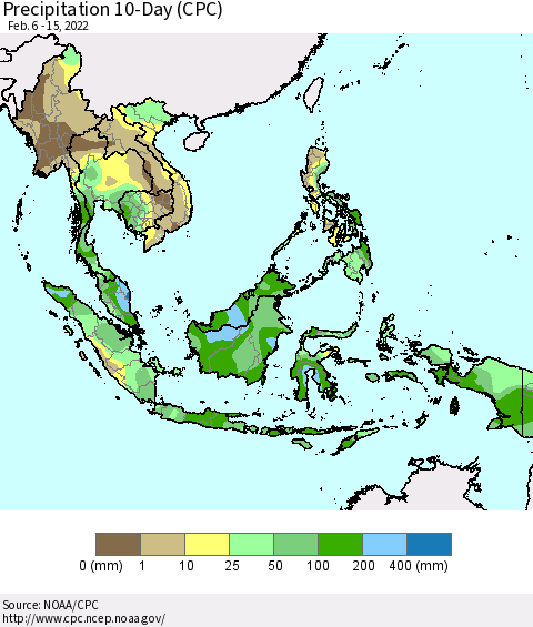 South East Asia Precipitation 10-Day (CPC) Thematic Map For 2/6/2022 - 2/15/2022