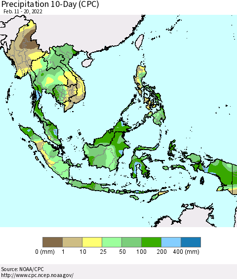 South East Asia Precipitation 10-Day (CPC) Thematic Map For 2/11/2022 - 2/20/2022