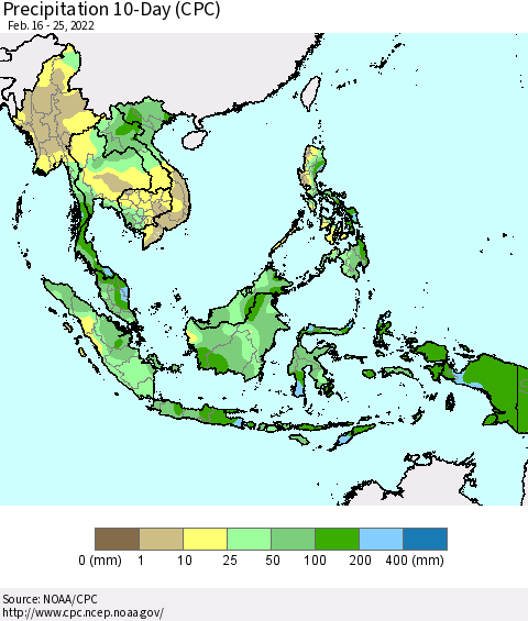 South East Asia Precipitation 10-Day (CPC) Thematic Map For 2/16/2022 - 2/25/2022
