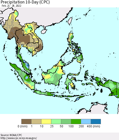 South East Asia Precipitation 10-Day (CPC) Thematic Map For 2/21/2022 - 2/28/2022