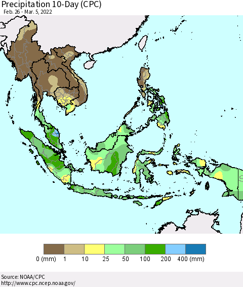South East Asia Precipitation 10-Day (CPC) Thematic Map For 2/26/2022 - 3/5/2022