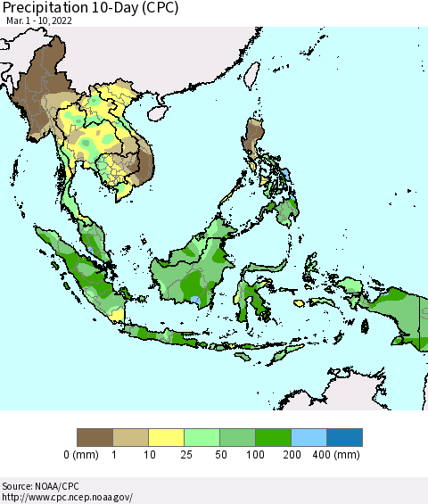 South East Asia Precipitation 10-Day (CPC) Thematic Map For 3/1/2022 - 3/10/2022