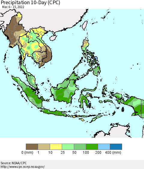 South East Asia Precipitation 10-Day (CPC) Thematic Map For 3/6/2022 - 3/15/2022