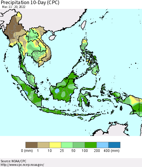 South East Asia Precipitation 10-Day (CPC) Thematic Map For 3/11/2022 - 3/20/2022