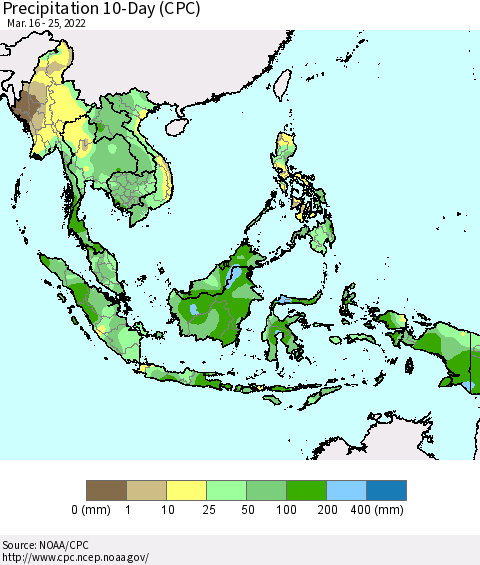South East Asia Precipitation 10-Day (CPC) Thematic Map For 3/16/2022 - 3/25/2022