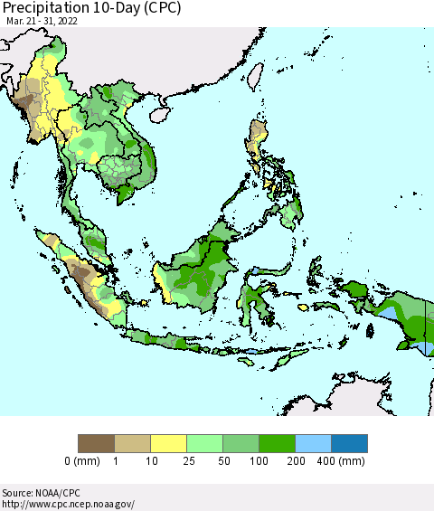 South East Asia Precipitation 10-Day (CPC) Thematic Map For 3/21/2022 - 3/31/2022