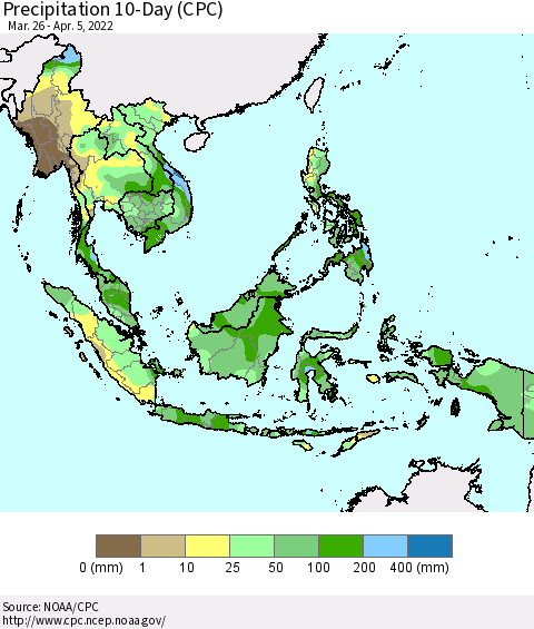 South East Asia Precipitation 10-Day (CPC) Thematic Map For 3/26/2022 - 4/5/2022