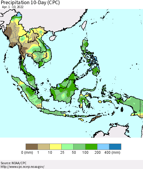 South East Asia Precipitation 10-Day (CPC) Thematic Map For 4/1/2022 - 4/10/2022
