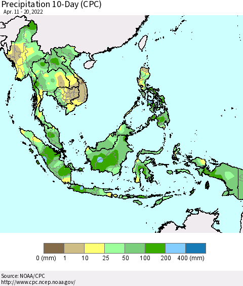 South East Asia Precipitation 10-Day (CPC) Thematic Map For 4/11/2022 - 4/20/2022