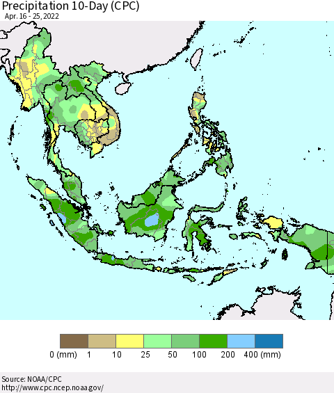 South East Asia Precipitation 10-Day (CPC) Thematic Map For 4/16/2022 - 4/25/2022