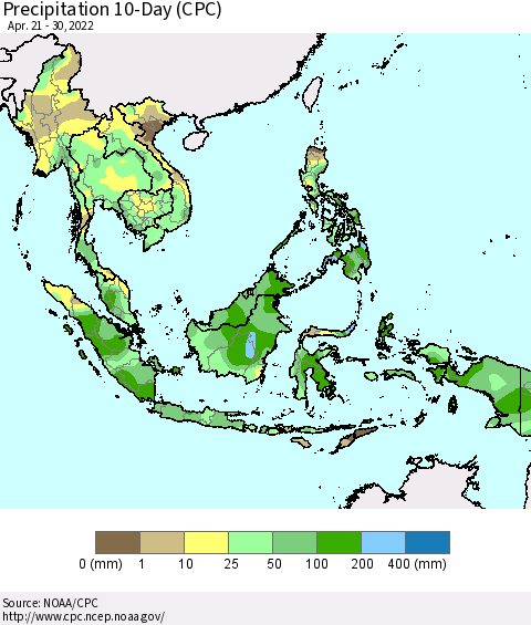 South East Asia Precipitation 10-Day (CPC) Thematic Map For 4/21/2022 - 4/30/2022