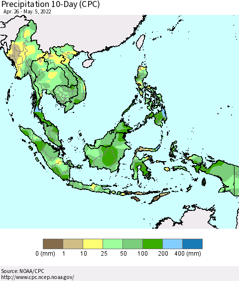 South East Asia Precipitation 10-Day (CPC) Thematic Map For 4/26/2022 - 5/5/2022