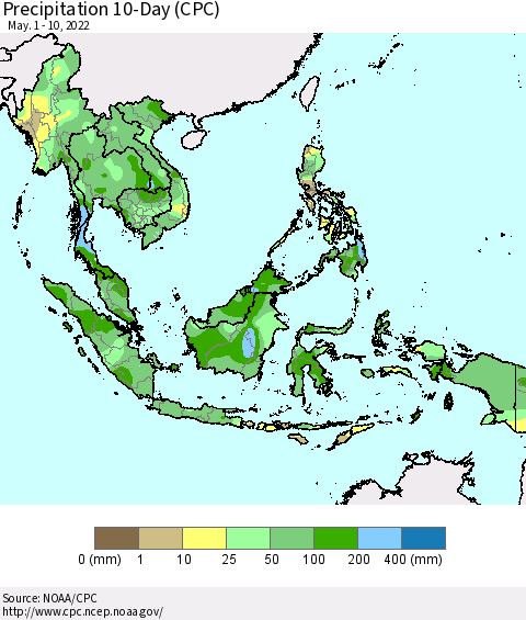 South East Asia Precipitation 10-Day (CPC) Thematic Map For 5/1/2022 - 5/10/2022