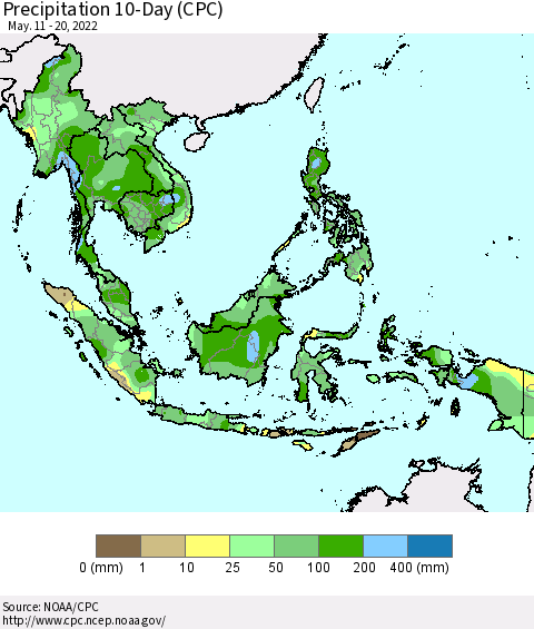 South East Asia Precipitation 10-Day (CPC) Thematic Map For 5/11/2022 - 5/20/2022