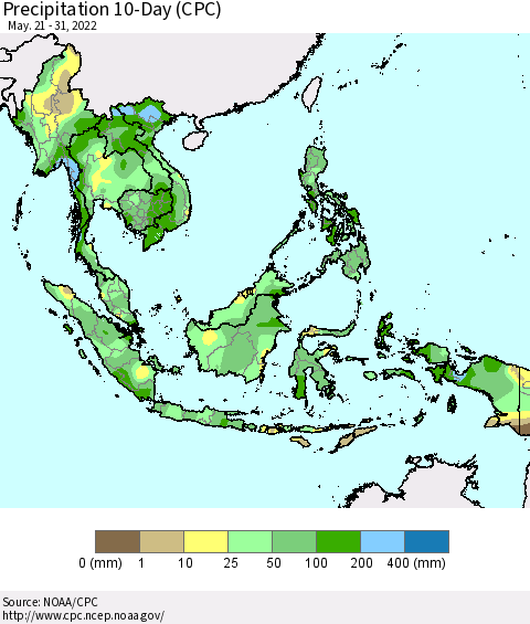 South East Asia Precipitation 10-Day (CPC) Thematic Map For 5/21/2022 - 5/31/2022