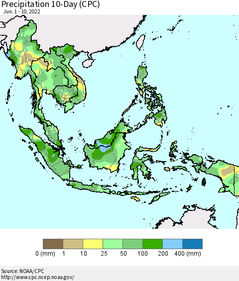 South East Asia Precipitation 10-Day (CPC) Thematic Map For 6/1/2022 - 6/10/2022