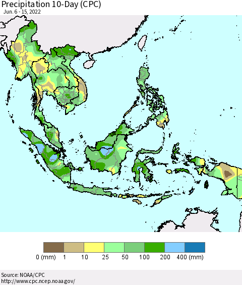 South East Asia Precipitation 10-Day (CPC) Thematic Map For 6/6/2022 - 6/15/2022