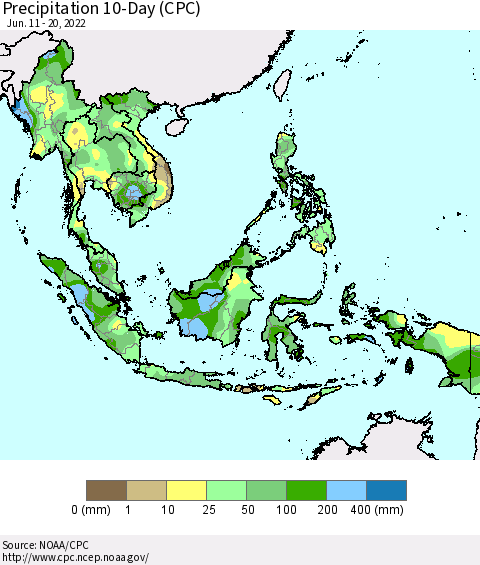 South East Asia Precipitation 10-Day (CPC) Thematic Map For 6/11/2022 - 6/20/2022