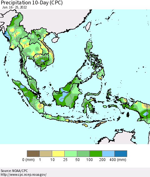 South East Asia Precipitation 10-Day (CPC) Thematic Map For 6/16/2022 - 6/25/2022