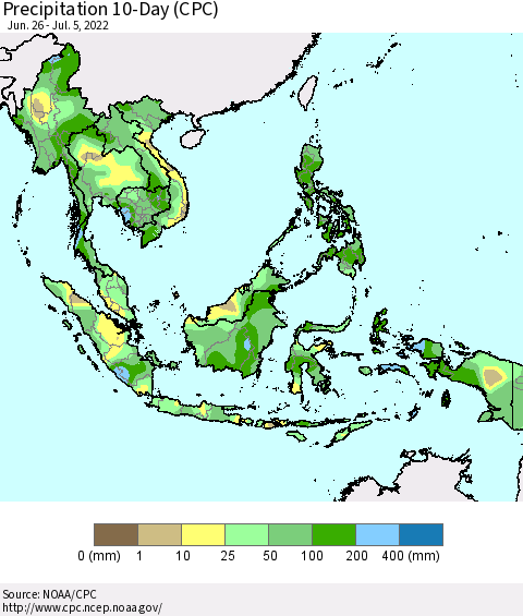 South East Asia Precipitation 10-Day (CPC) Thematic Map For 6/26/2022 - 7/5/2022