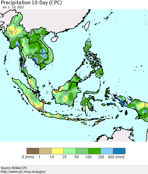 South East Asia Precipitation 10-Day (CPC) Thematic Map For 7/1/2022 - 7/10/2022