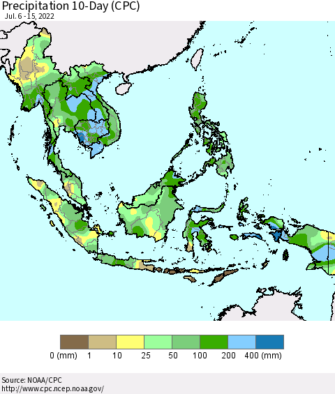 South East Asia Precipitation 10-Day (CPC) Thematic Map For 7/6/2022 - 7/15/2022
