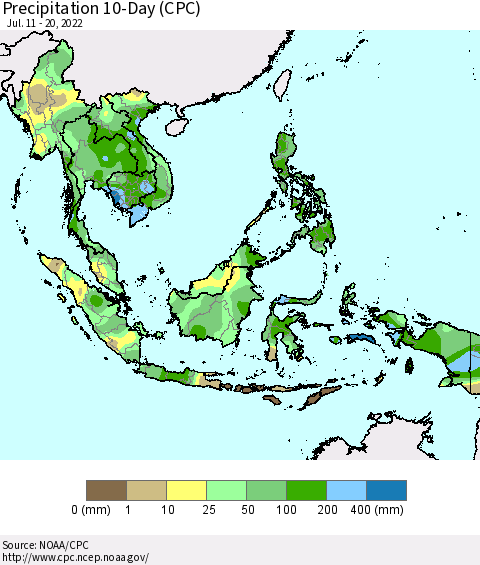South East Asia Precipitation 10-Day (CPC) Thematic Map For 7/11/2022 - 7/20/2022