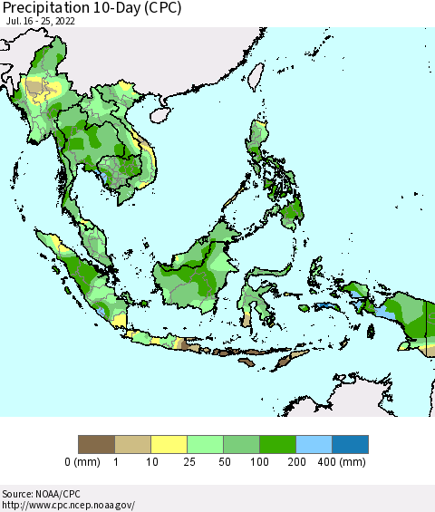 South East Asia Precipitation 10-Day (CPC) Thematic Map For 7/16/2022 - 7/25/2022