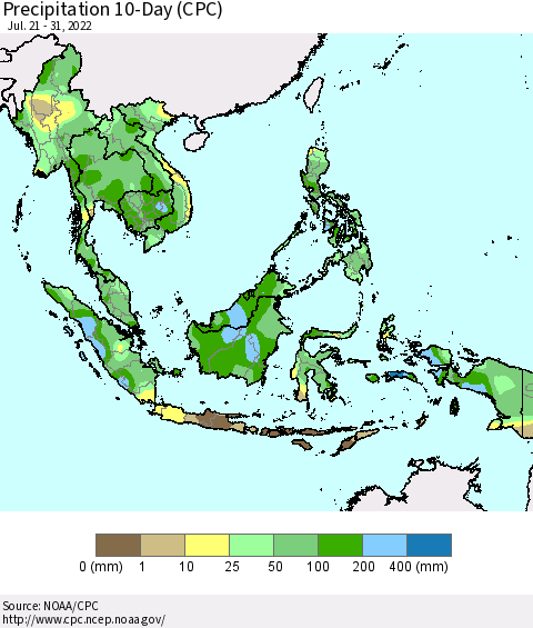 South East Asia Precipitation 10-Day (CPC) Thematic Map For 7/21/2022 - 7/31/2022