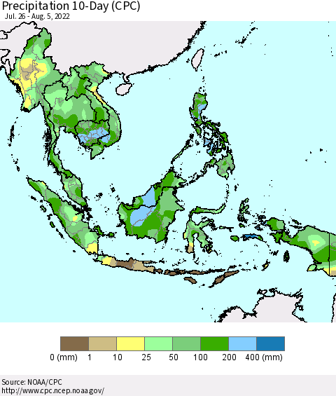 South East Asia Precipitation 10-Day (CPC) Thematic Map For 7/26/2022 - 8/5/2022