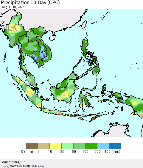 South East Asia Precipitation 10-Day (CPC) Thematic Map For 8/1/2022 - 8/10/2022