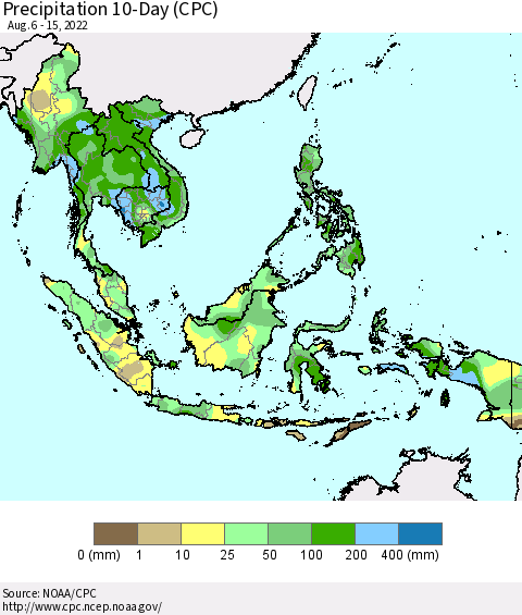 South East Asia Precipitation 10-Day (CPC) Thematic Map For 8/6/2022 - 8/15/2022