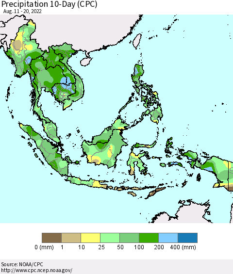 South East Asia Precipitation 10-Day (CPC) Thematic Map For 8/11/2022 - 8/20/2022