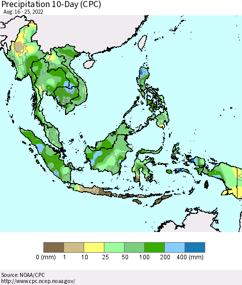 South East Asia Precipitation 10-Day (CPC) Thematic Map For 8/16/2022 - 8/25/2022