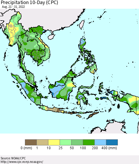 South East Asia Precipitation 10-Day (CPC) Thematic Map For 8/21/2022 - 8/31/2022