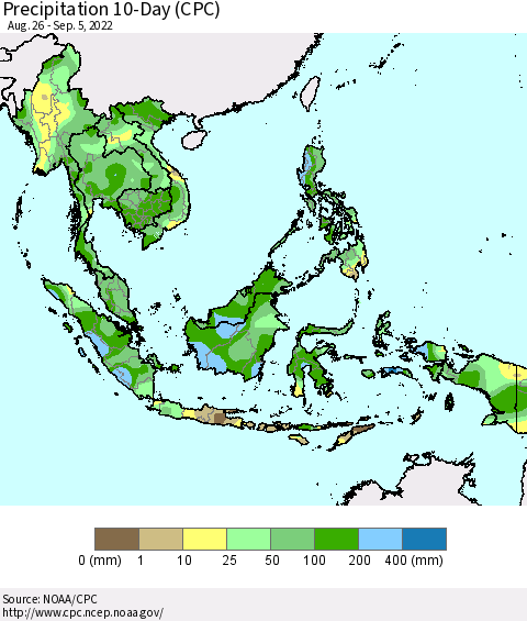 South East Asia Precipitation 10-Day (CPC) Thematic Map For 8/26/2022 - 9/5/2022